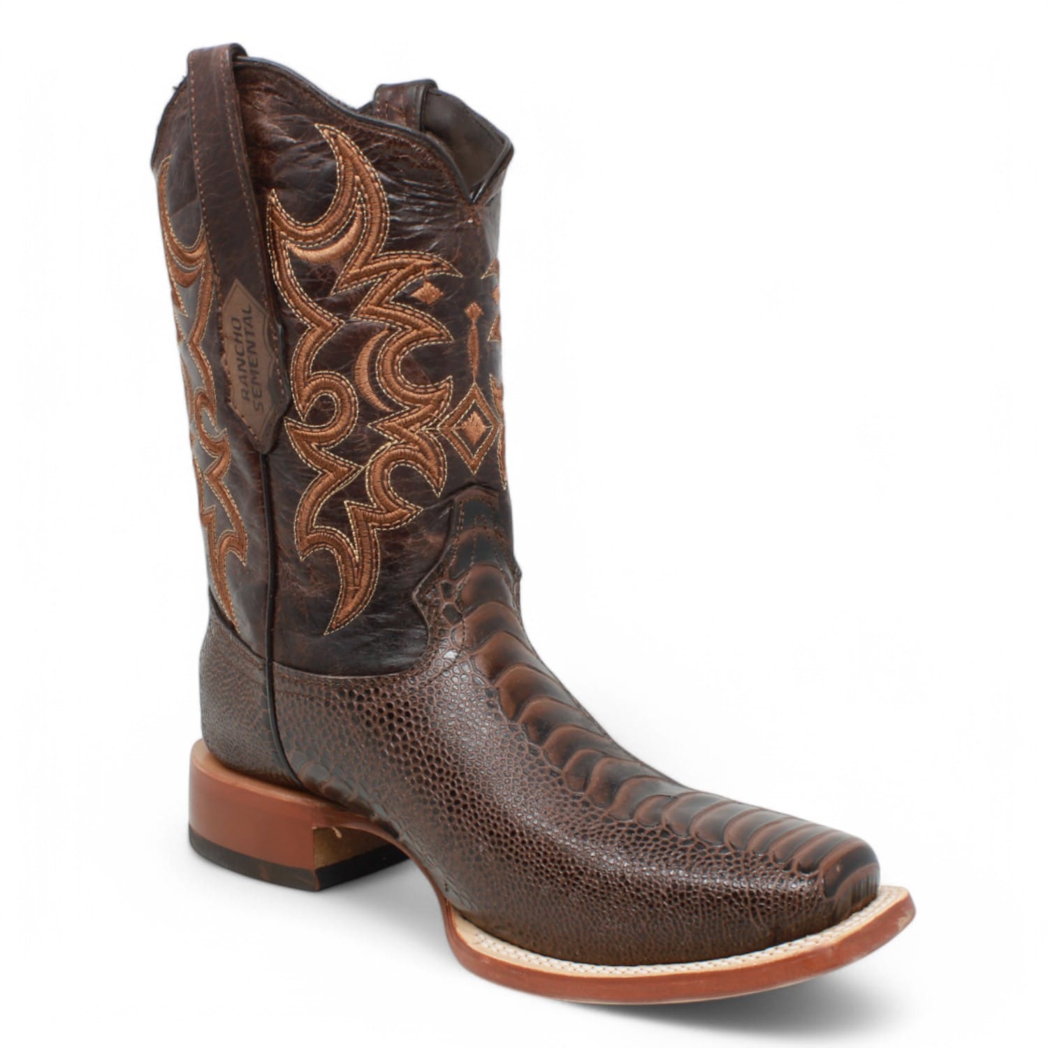 Tanner Mark Boots Boots Men's Ostrich Leg Print Square Toe Boots in Brown - Rancho Semental