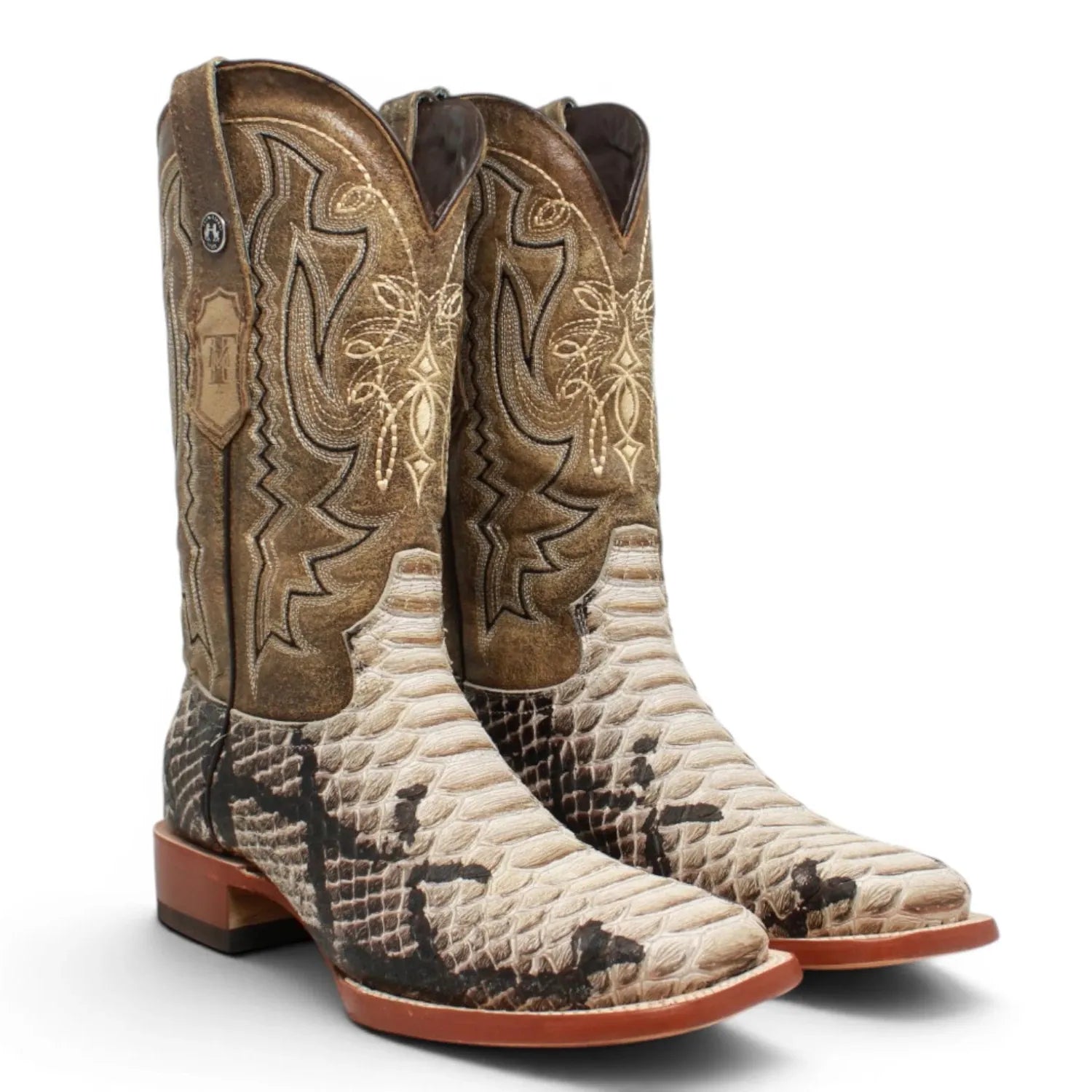 Tanner Mark Boots Boots Men's Python Print Square Toe Boots in Natural Brown - Tanner Mark Boots