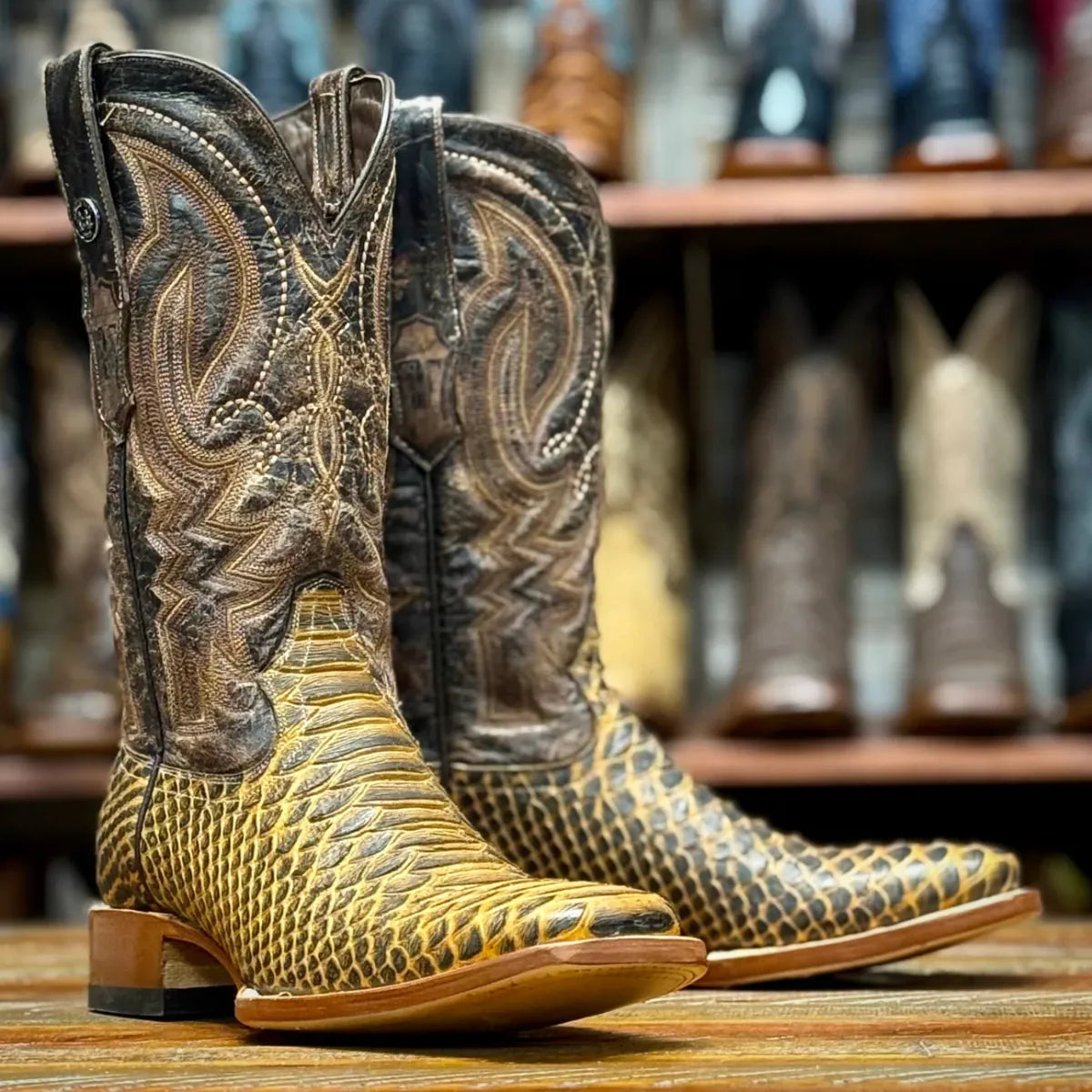 Tanner Mark Boots Boots Men's Python Print Wide Square Toe Boots in Antique Saddle - Tanner Mark Boots
