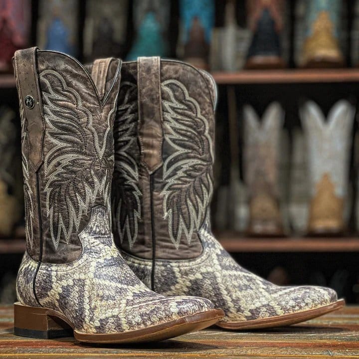 Tanner Mark Boots Boots Men's Rattlesnake Print Wide Square Toe Boots in Natural - Tanner Mark Boots