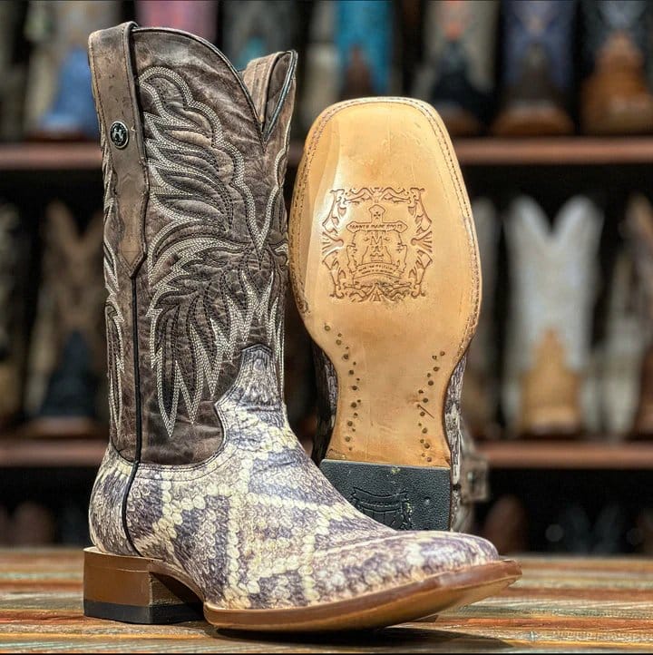 Tanner Mark Boots Boots Men's Rattlesnake Print Wide Square Toe Boots in Natural - Tanner Mark Boots