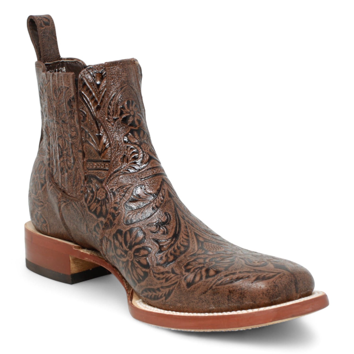 Tanner Mark Boots Boots Men's Tooled Leather Square Toe Ankle Boots in Brown - Tanner Mark Boots