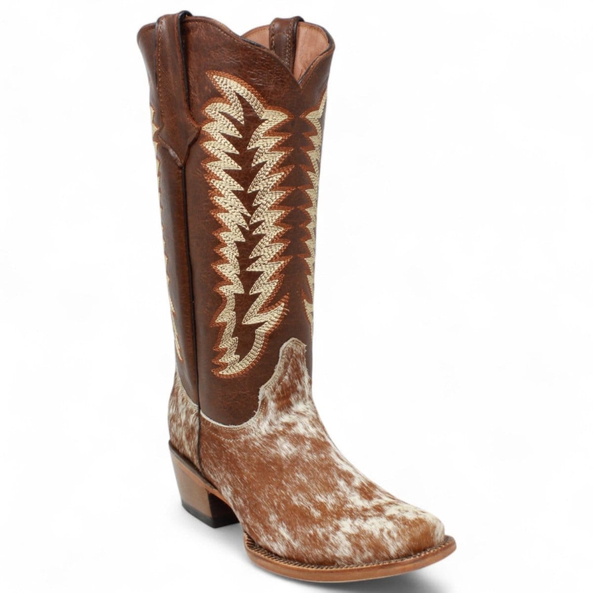 Tanner Mark Boots Boots Women's Annie Full Hair On Cowhide Leather Square Toe Boots in Brown & White - Tanner Mark Boots