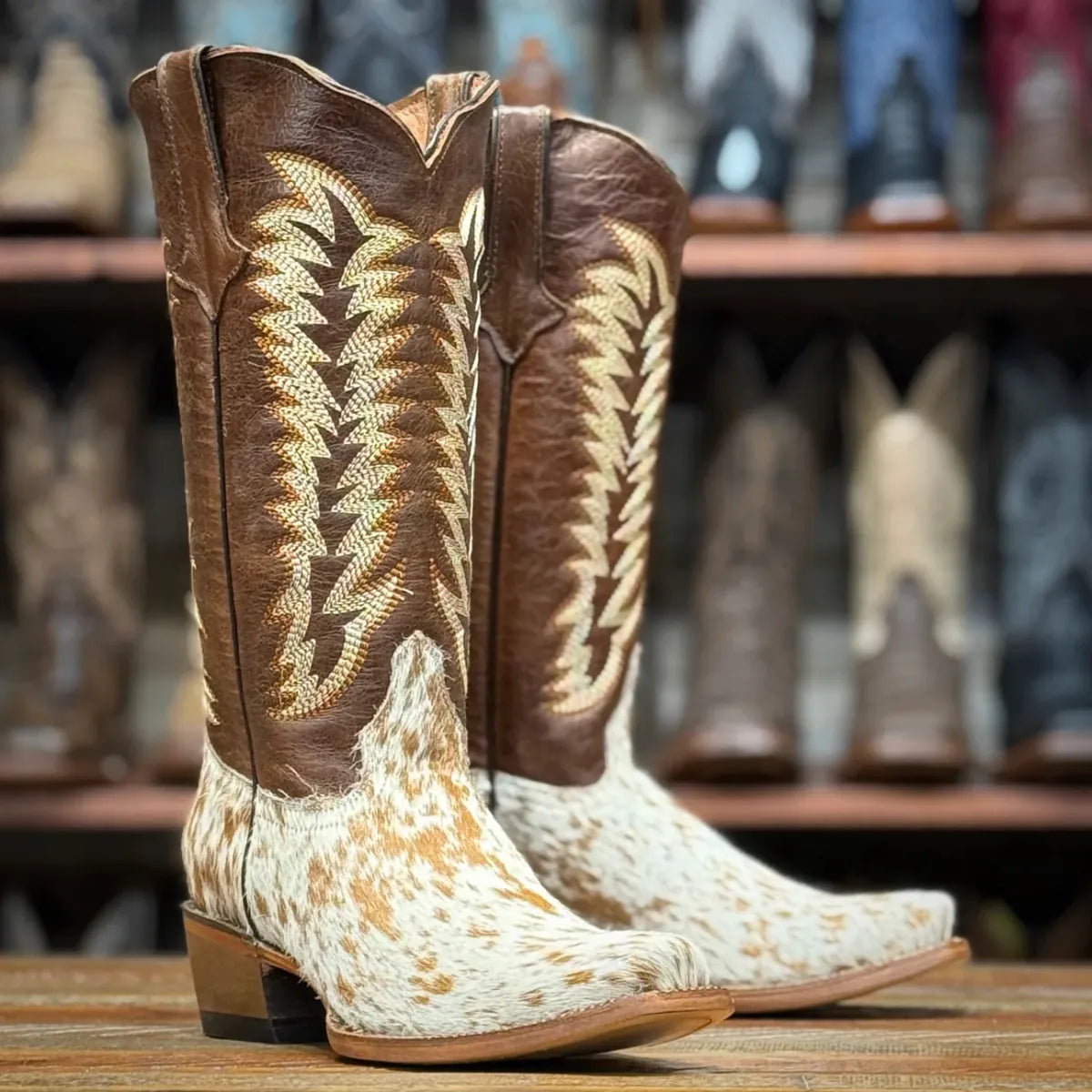 Tanner Mark Boots Boots Women's Annie Full Hair On Cowhide Leather Square Toe Boots in Brown & White - Tanner Mark Boots