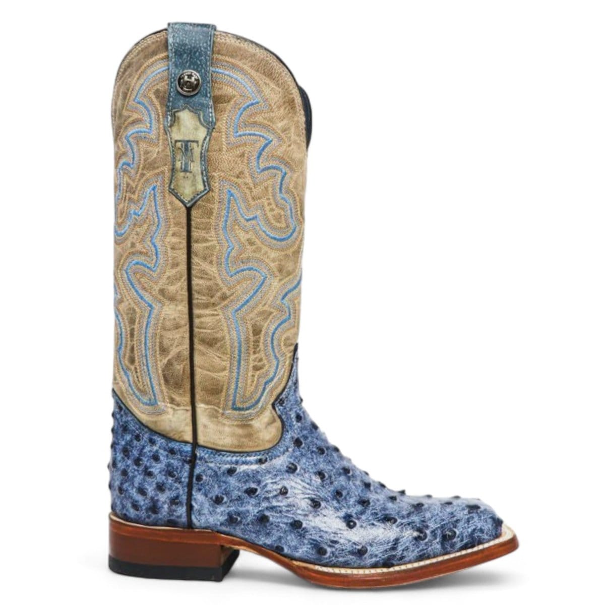 Tanner Mark Boots Boots Women's Bluebonnet Ostrich Print Square Toe Tall Boots in Blue Denim - Tanner Mark Boots