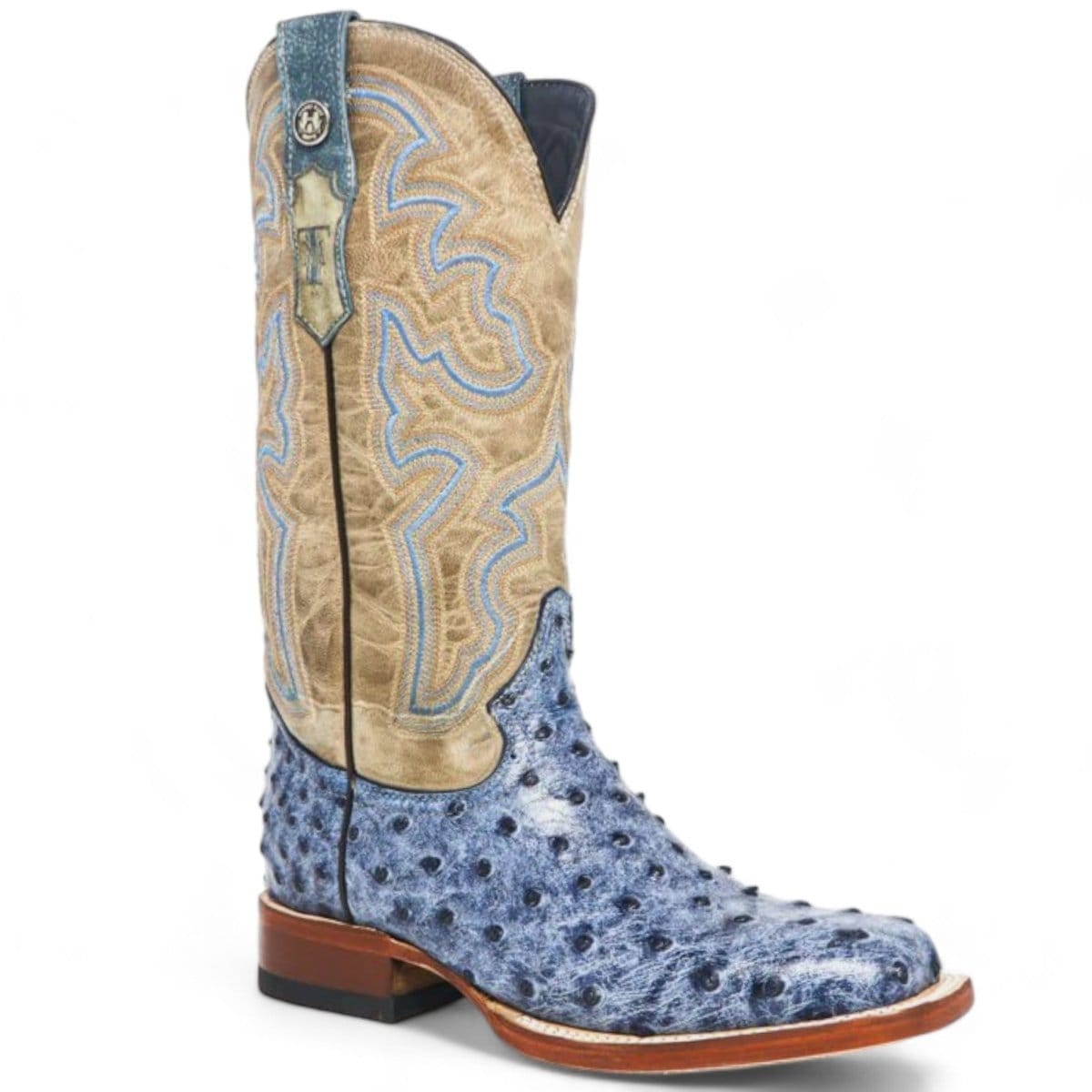 Tanner Mark Boots Boots Women's Bluebonnet Ostrich Print Square Toe Tall Boots in Blue Denim - Tanner Mark Boots