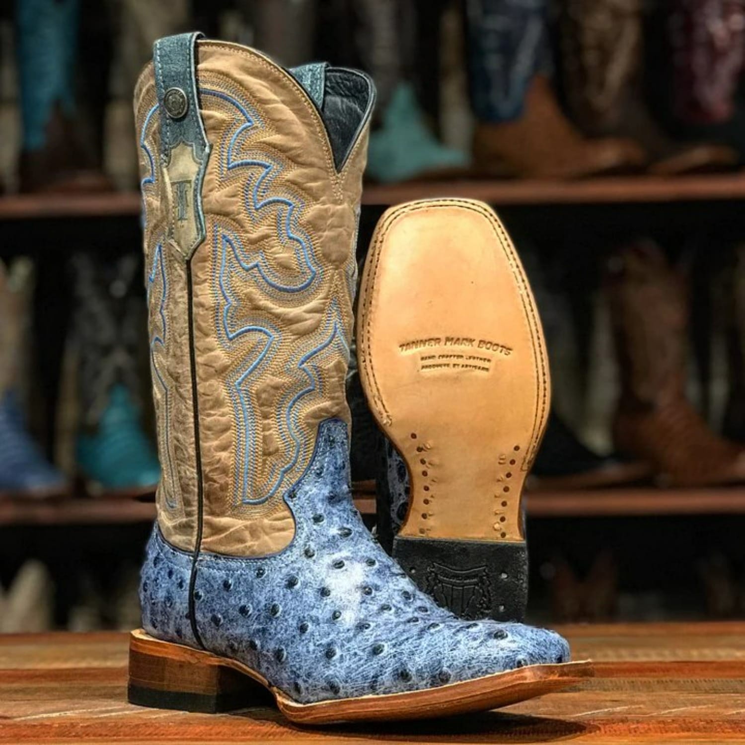 Tanner Mark Boots Boots Women's Bluebonnet Ostrich Print Square Toe Tall Boots in Blue Denim - Tanner Mark Boots
