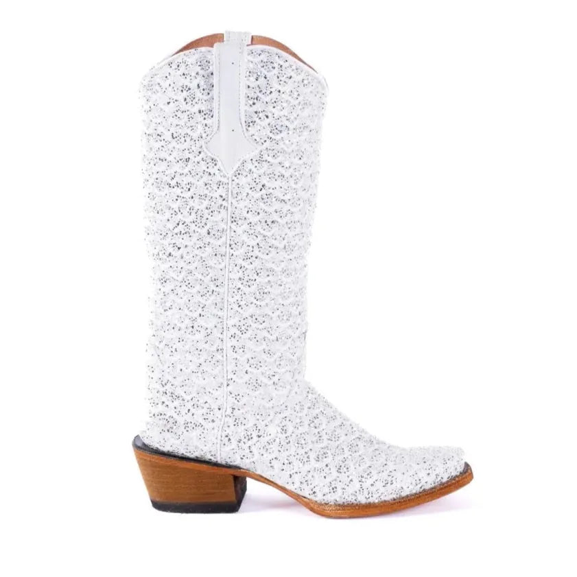 Tanner Mark Boots Boots Women's Dragon Leather Square Toe Boots in White & Silver - Tanner Mark Boots