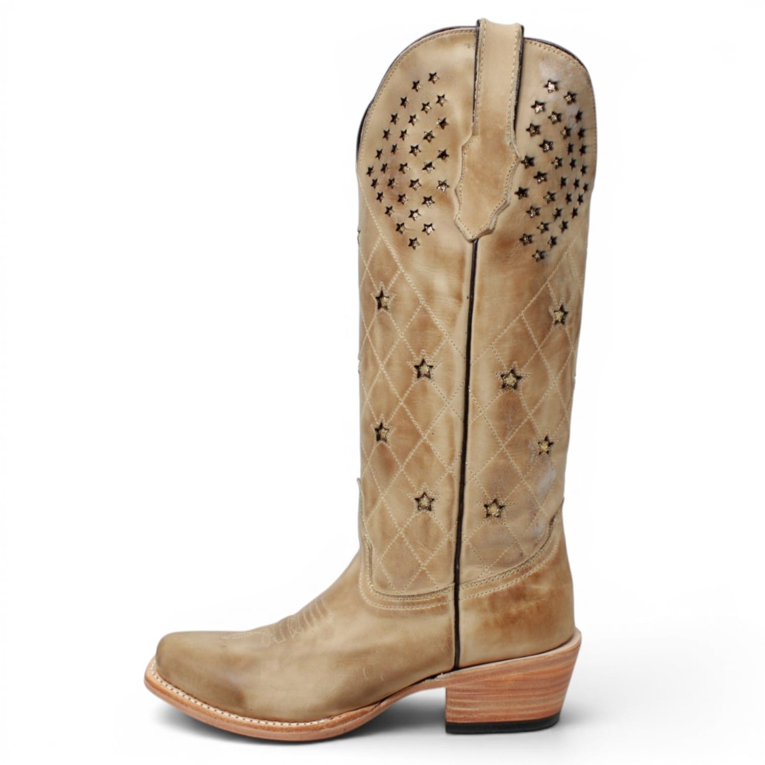 Women's Genuine Leather with Diamond Stitch & Star Inlay Snip Toe Boots in Sand - Tanner Mark Boots