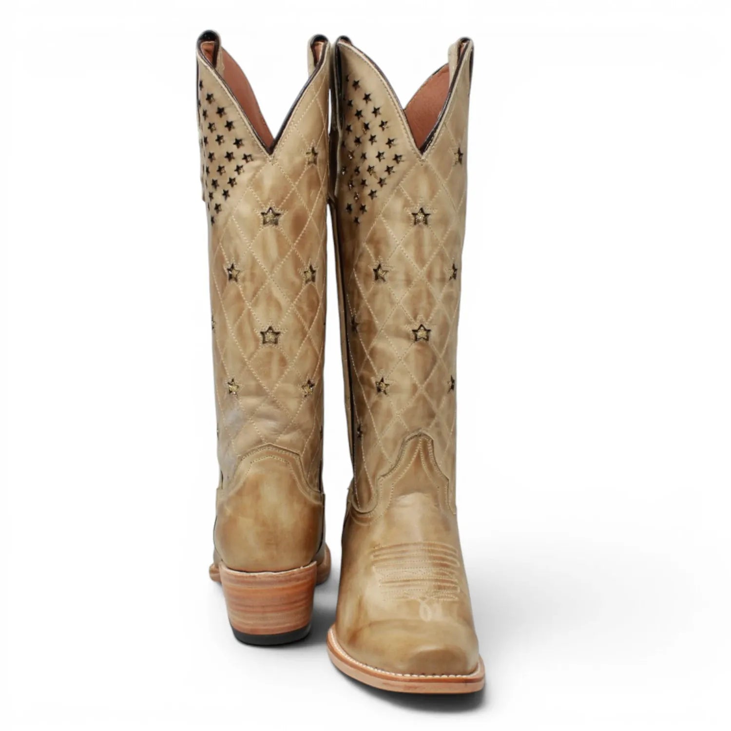 Women's Genuine Leather with Diamond Stitch & Star Inlay Snip Toe Boots in Sand - Tanner Mark Boots