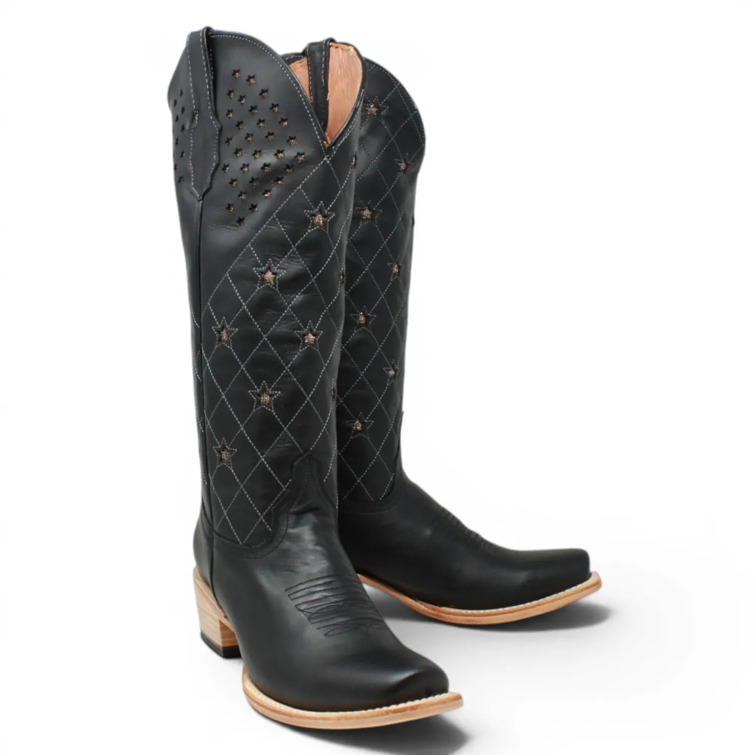 Women's Leather with Diamond Stitch & Star Inlay Square Toe Boots in Black - Tanner Mark Boots