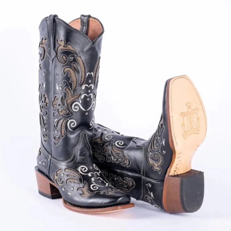 Tanner Mark Boots Boots Women's Hand Tooled Leather Square Toe Boots in Black & Gold - Tanner Mark Boots