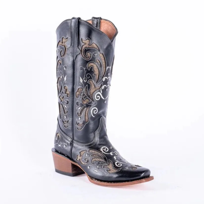 Tanner Mark Boots Boots Women's Hand Tooled Leather Square Toe Boots in Black & Gold - Tanner Mark Boots