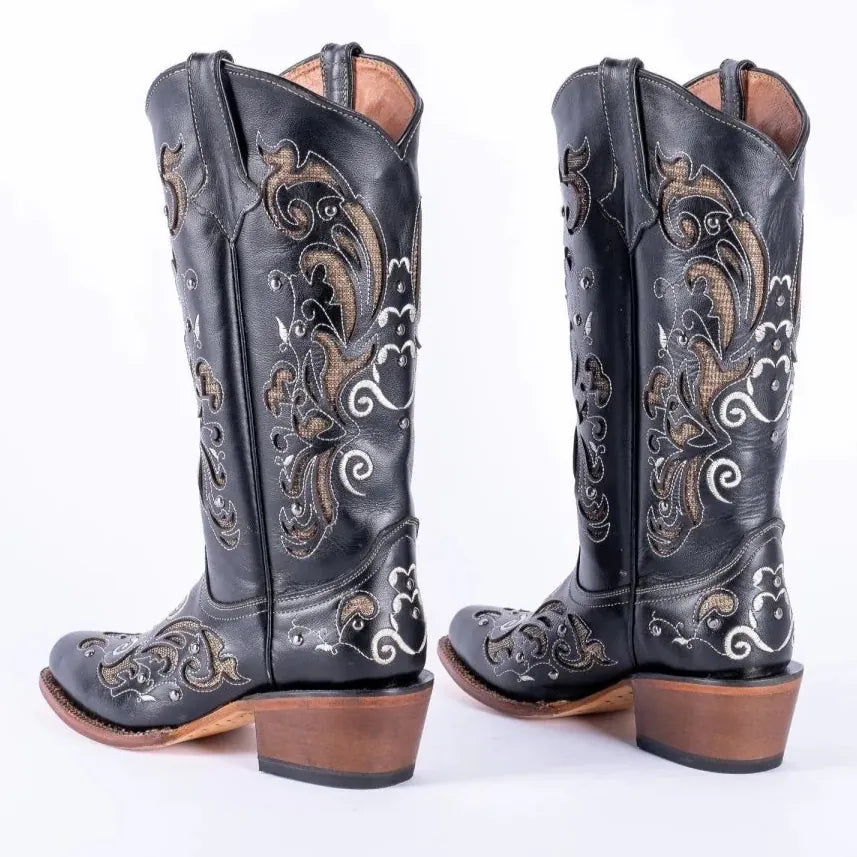 Tanner Mark Boots Boots Women's Hand Tooled Leather Square Toe Boots in Black & Gold - Tanner Mark Boots