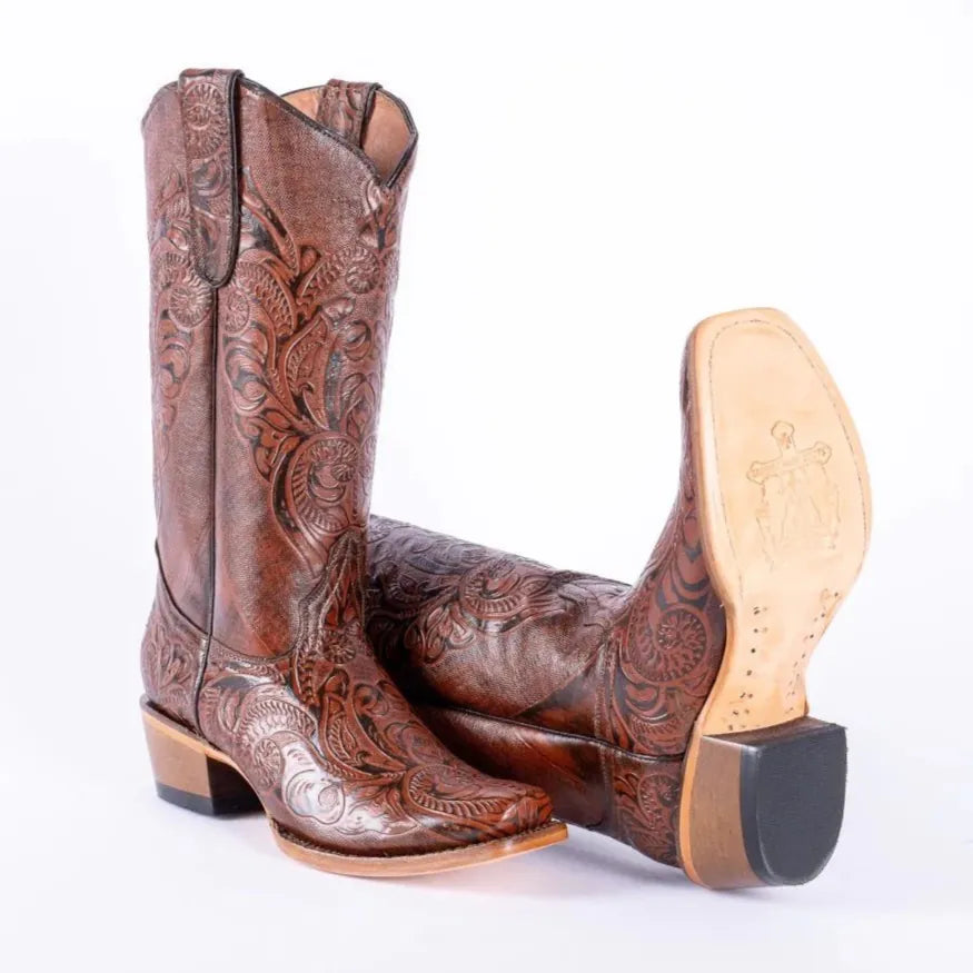 Tanner Mark Boots Boots Women's Hand Tooled Leather Square Toe Boots in Cognac - Tanner Mark Boots