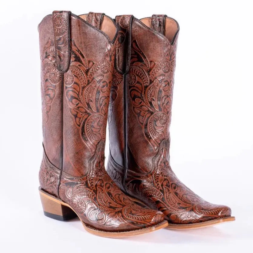 Tanner Mark Boots Boots Women's Hand Tooled Leather Square Toe Boots in Cognac - Tanner Mark Boots