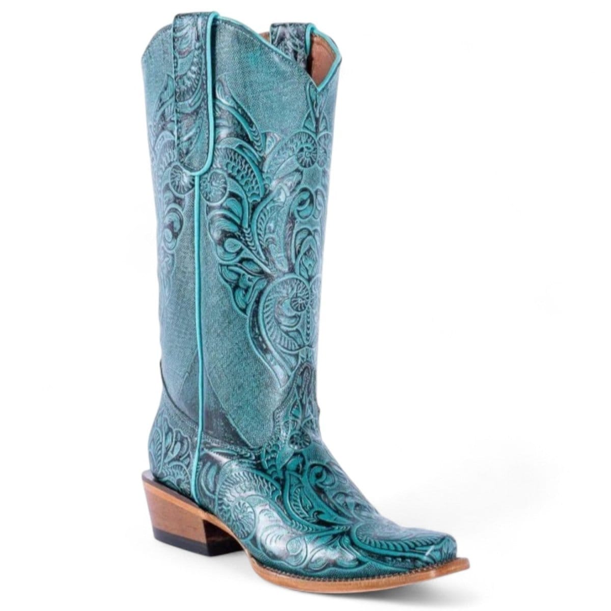 Tanner Mark Boots Boots Women's Hand Tooled Leather Square Toe Boots in Turquoise - Tanner Mark Boots
