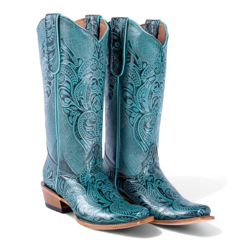 Tanner Mark Boots Boots Women's Hand Tooled Leather Square Toe Boots in Turquoise - Tanner Mark Boots