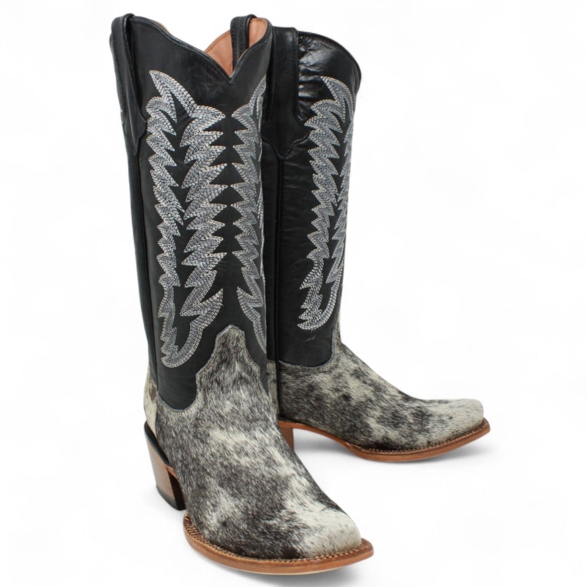 Tanner Mark Boots Boots Women's Olene Full Hair On Cowhide Leather Square Toe Boots in Salt & Pepper - Tanner Mark Boots