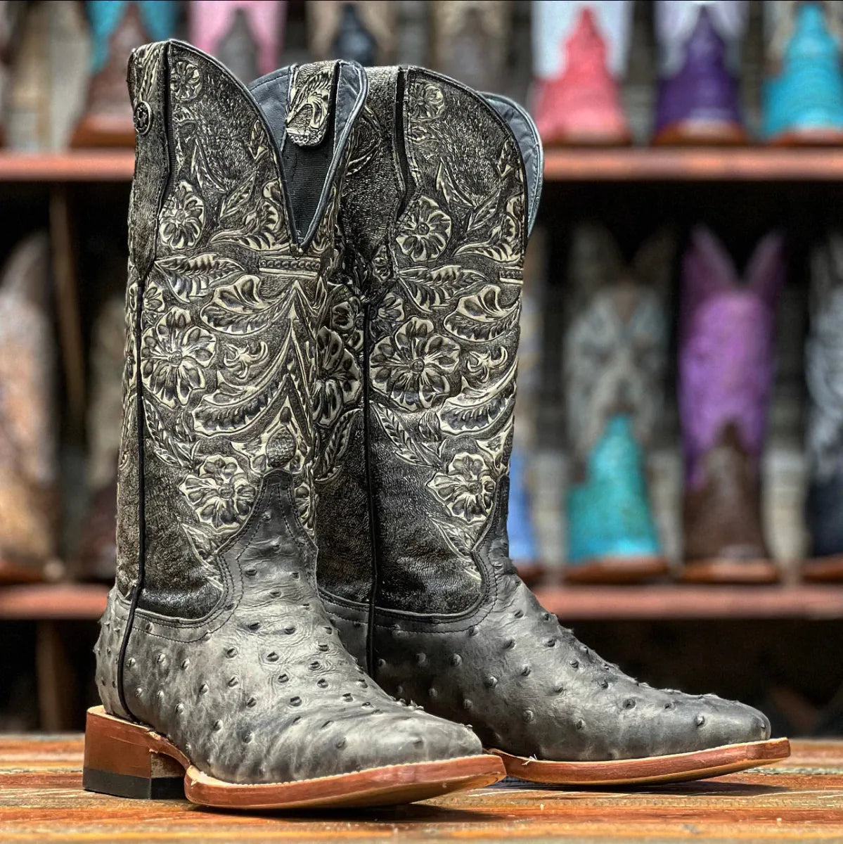 Tanner Mark Boots Boots Women's Ostrich Print Square Toe Boots in Black with Grey - Tanner Mark Boots