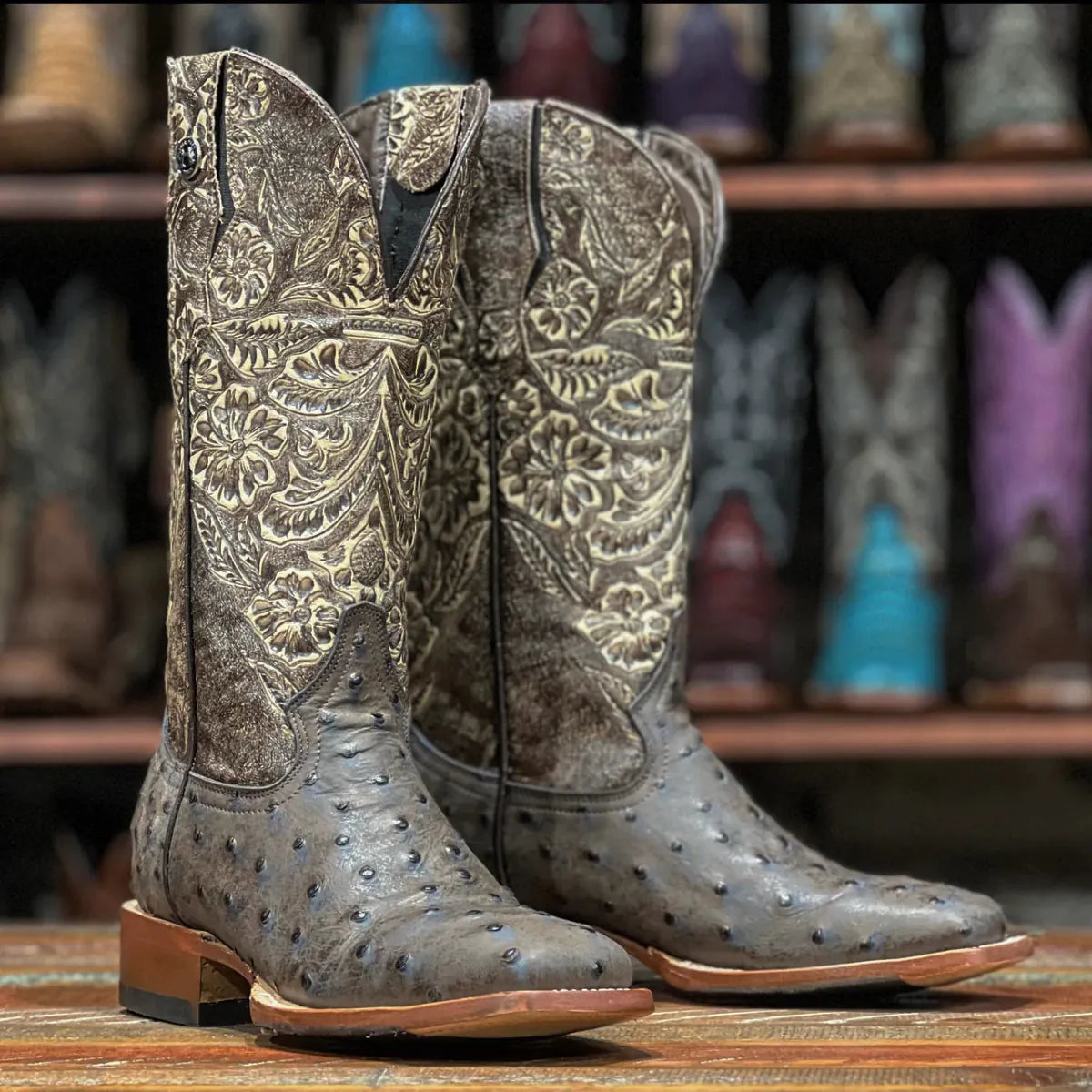 Tanner Mark Boots Boots Women's Ostrich Print Square Toe Boots in Desert Wash Black - Tanner Mark Boots