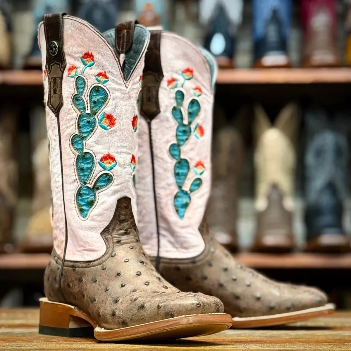 Tanner Mark Boots Boots Women's Ostrich Print Square Toe Boots in Nicotine - Tanner Mark Boots