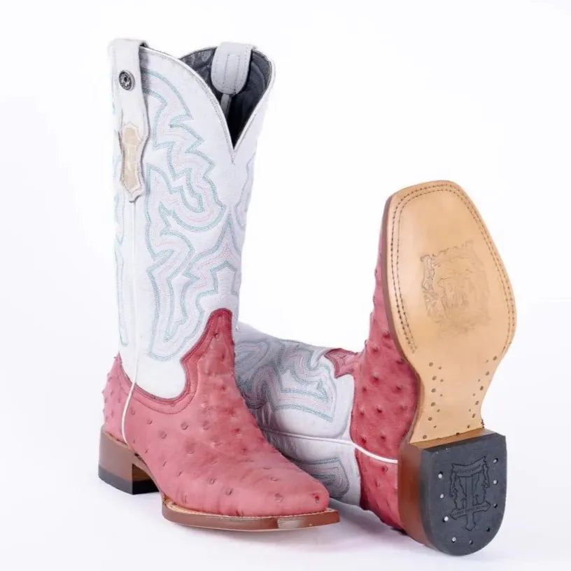 Tanner Mark Boots Boots Women's Ostrich Print Square Toe Boots in Pink - Tanner Mark Boots