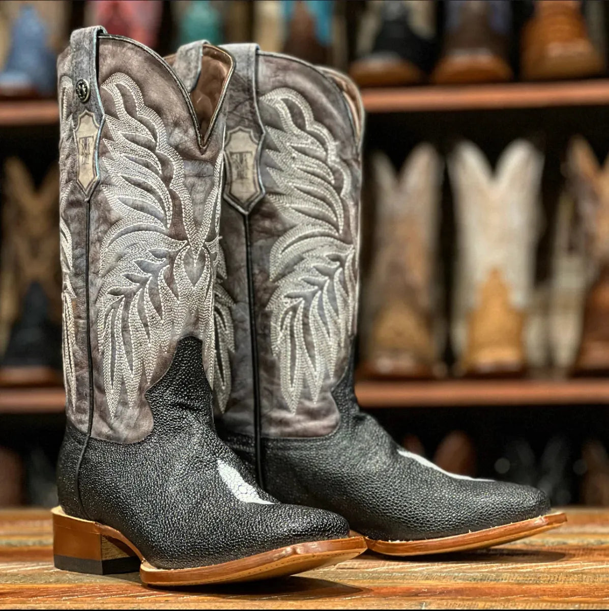 Tanner Mark Boots Boots Women's Stingray Print Square Toe Tall Boots in Black - Tanner Mark Boots
