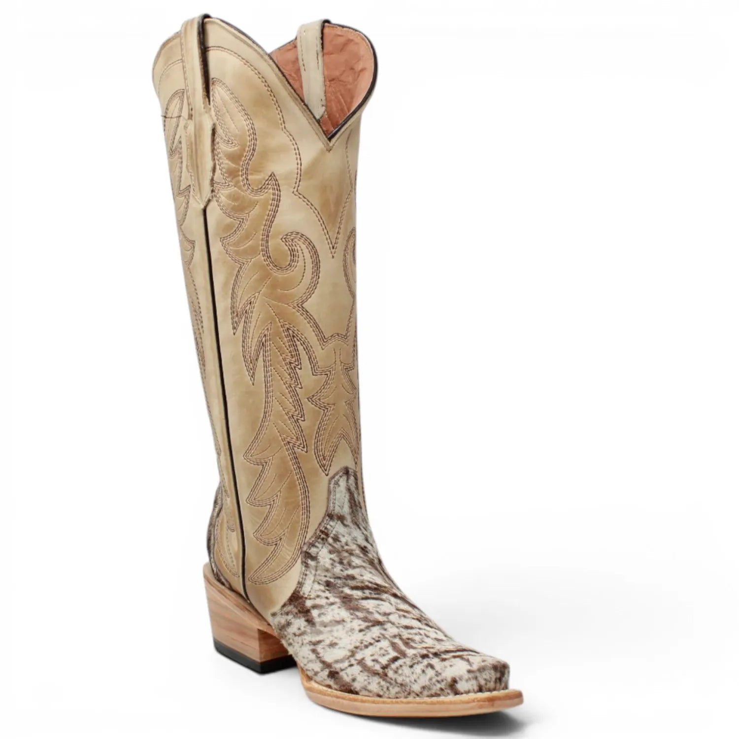 Women's Triad Picasso Hair-On Cowhide Leather Snip Toe Tall Boots in Sand - Tanner Mark Boots