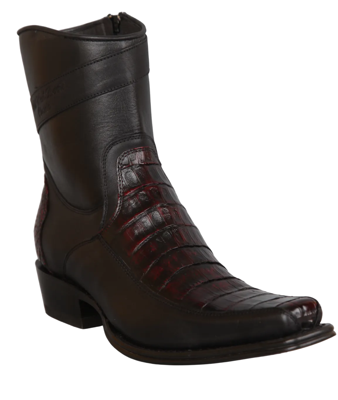 Wild West Boots Boots Wild West Men's Caiman Belly Skin and Genuine Leather European Square Toe Short Boot - Black Cherry