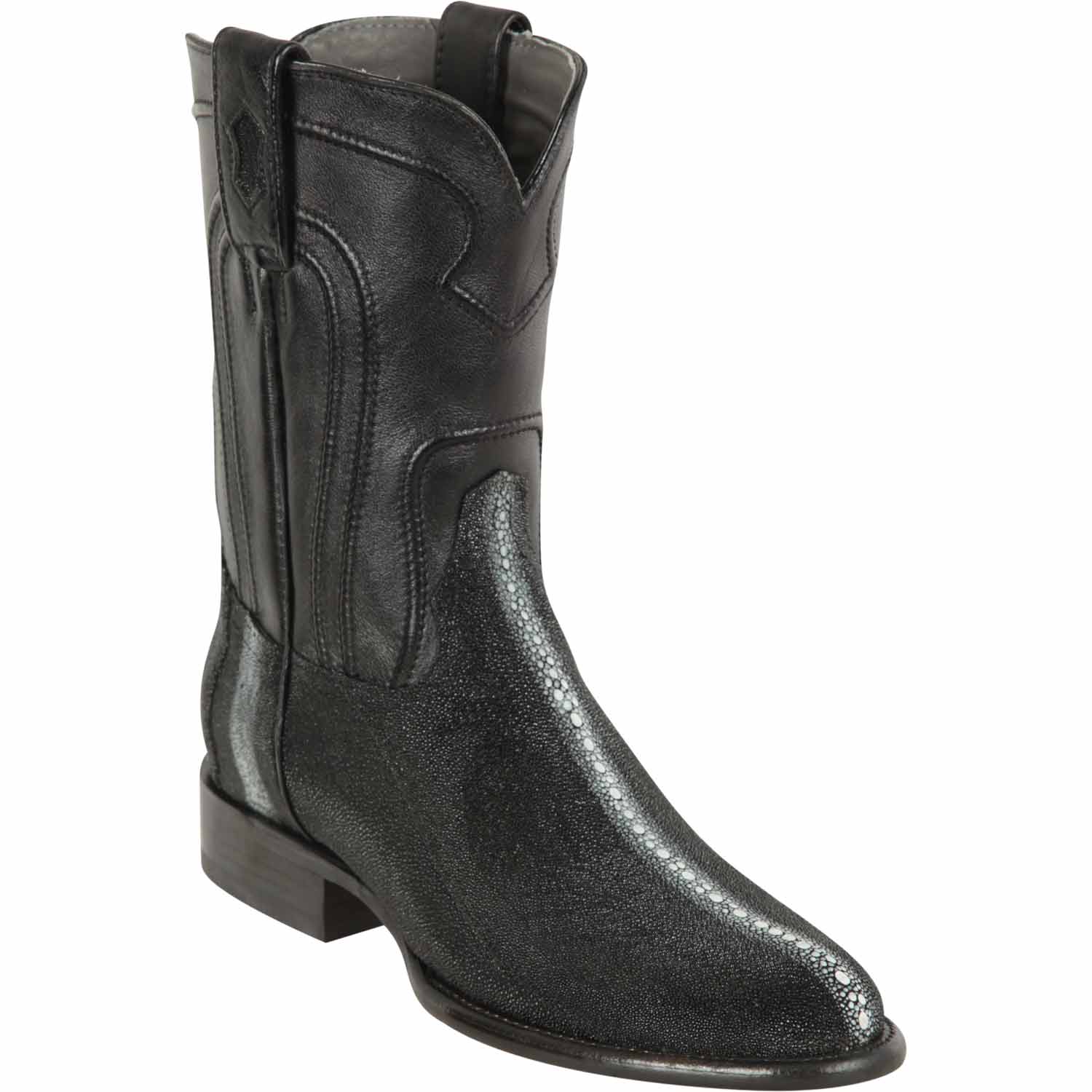 Western Genuine Stingray Skin Row Stone Roper Toe Boots Black Color - Los Altos Boots - Side View