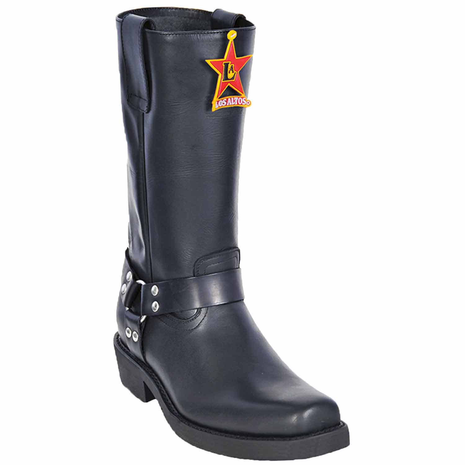 Western Genuine Grasso Leather Biker Boots Black Color - Los Altos Boots - Side View