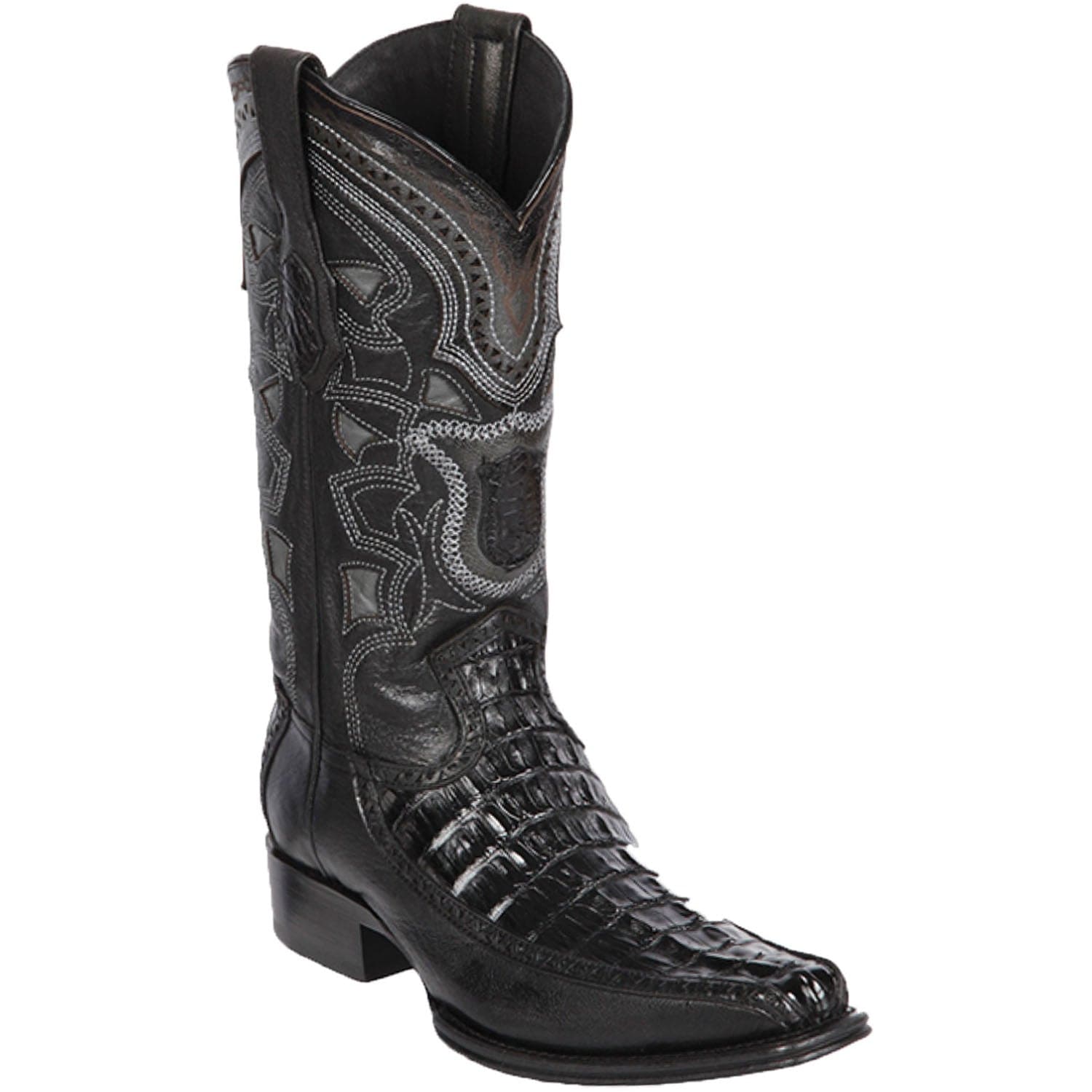 Men's Genuine Caiman Tail and Deer Skin European Square Toe Boots Black Color - Los Altos Boots - Side View
