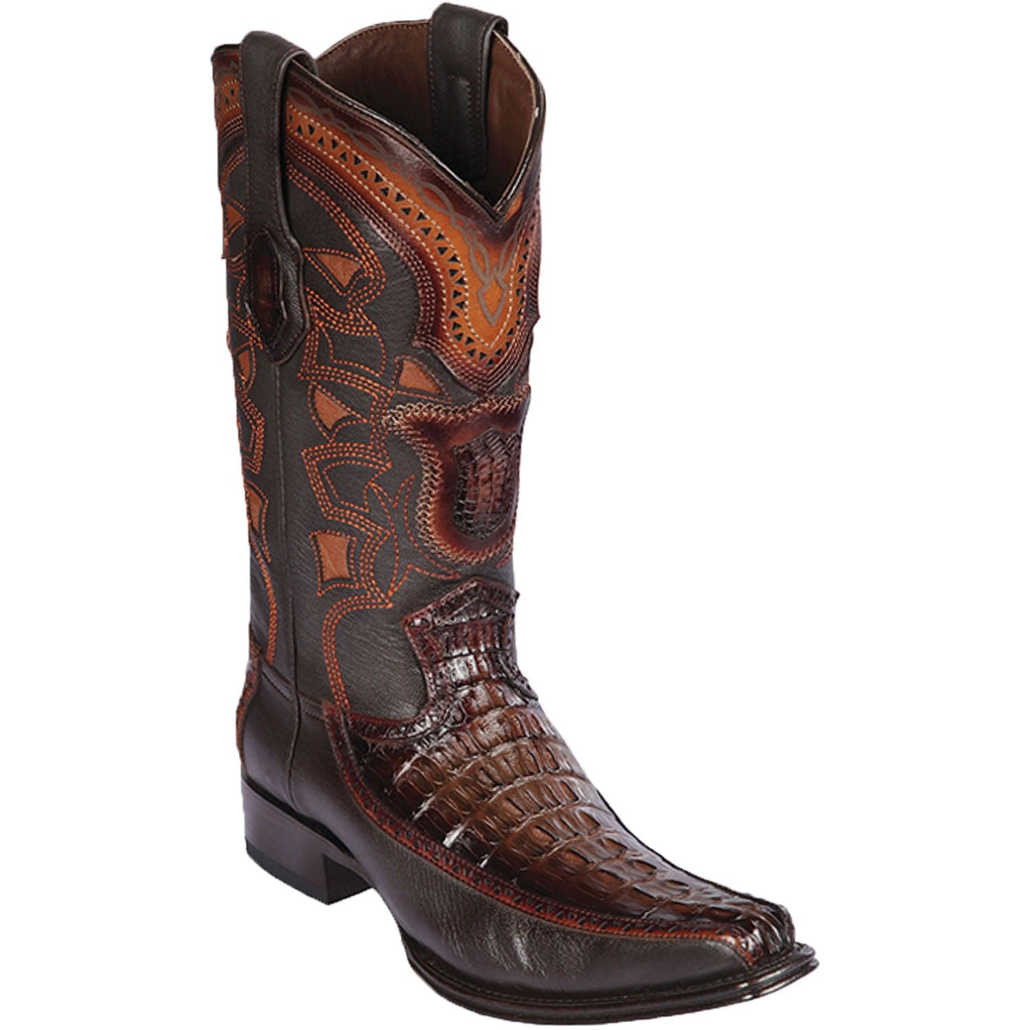 Men's Genuine Caiman Tail and Deer Skin European Square Toe Boots Faded Brown Color - Los Altos Boots - Side View