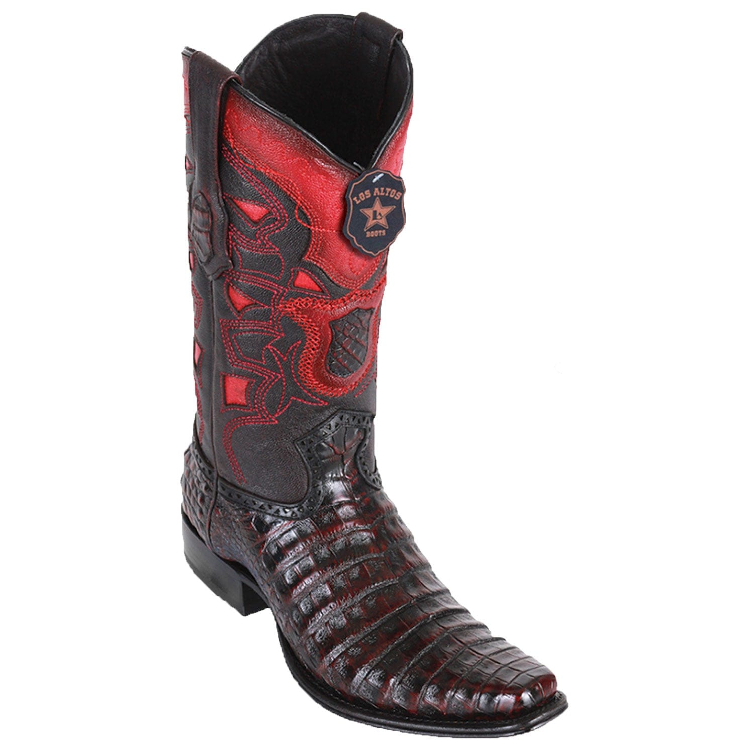 Western Genuine Caiman Belly Skin European Square Toe Boots Black Cherry Color - Los Altos boots - Side View