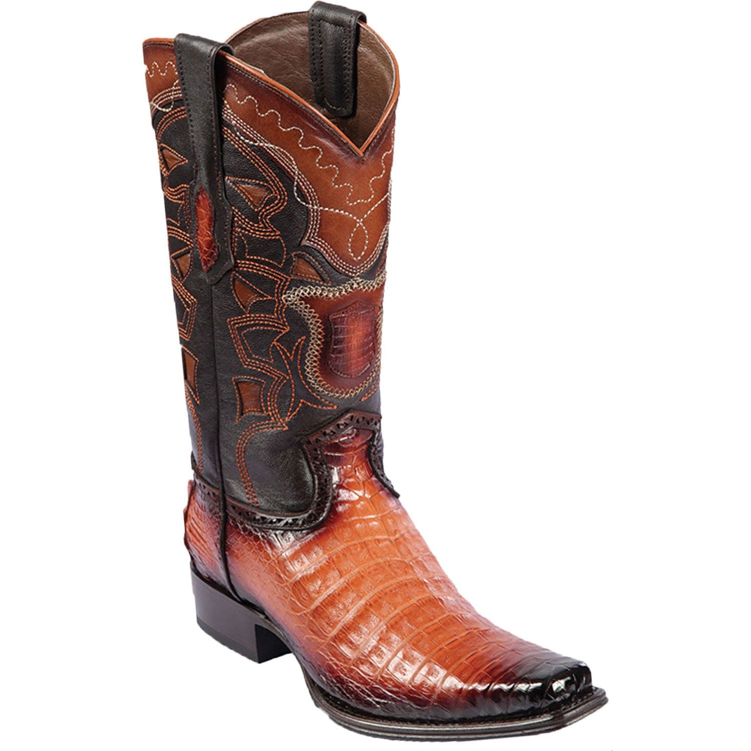 Western Genuine Caiman Belly Skin European Square Toe Boots Faded Cognac Color - Los Altos Boots - Side View