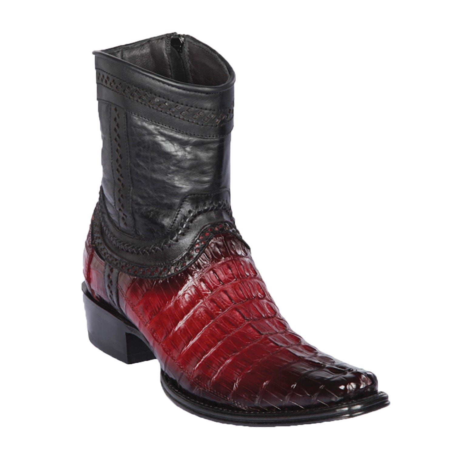 Men's Genuine Caiman Tail Skin European Square Toe Short Boots With Zipper Faded Burgundy Color - Los Altos Boots