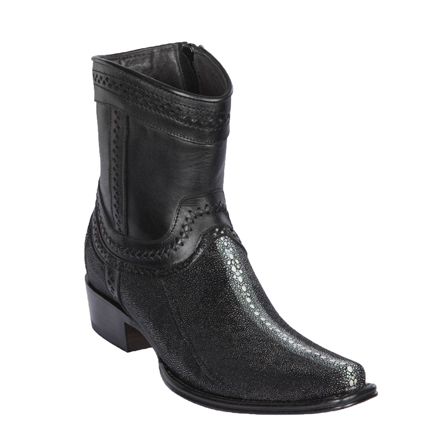 Men's Genuine Stingray Skin Row Stone European Square Toe Short Boots With Zipper Black Color - Los Altos Boot