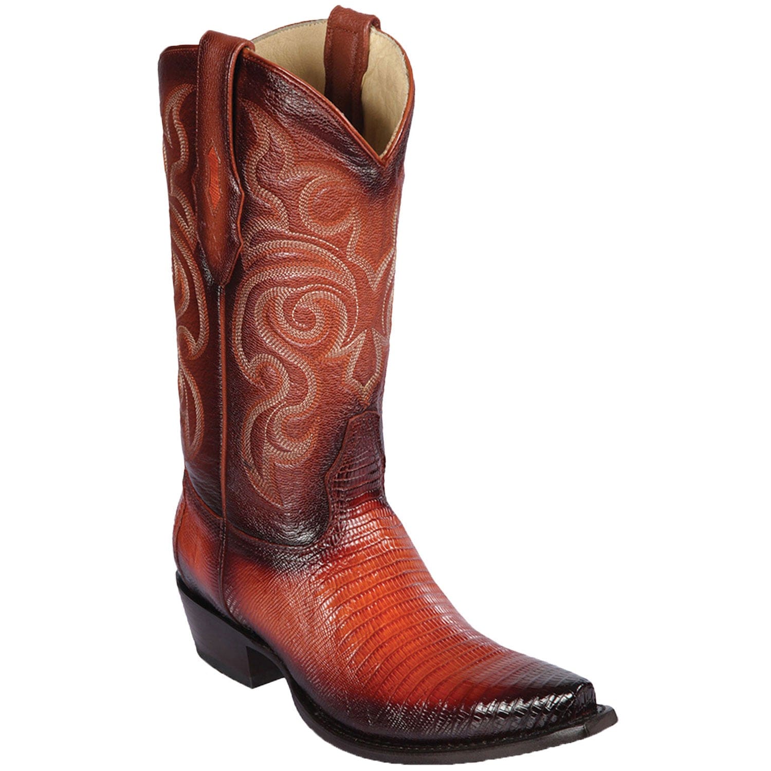 Western Genuine Teju Lizard Skin Snip Toe Boots Faded Cognac Color - Los Altos Boots - Side View