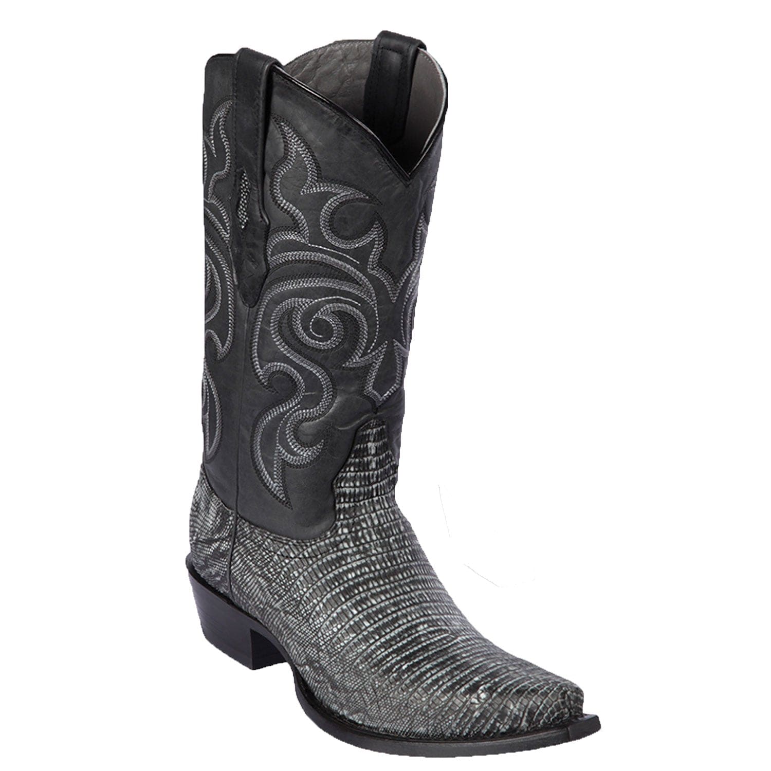 Western Genuine Teju Lizard Skin Snip Toe Boots Sanded Black Color - Los Altos Boots - Side View