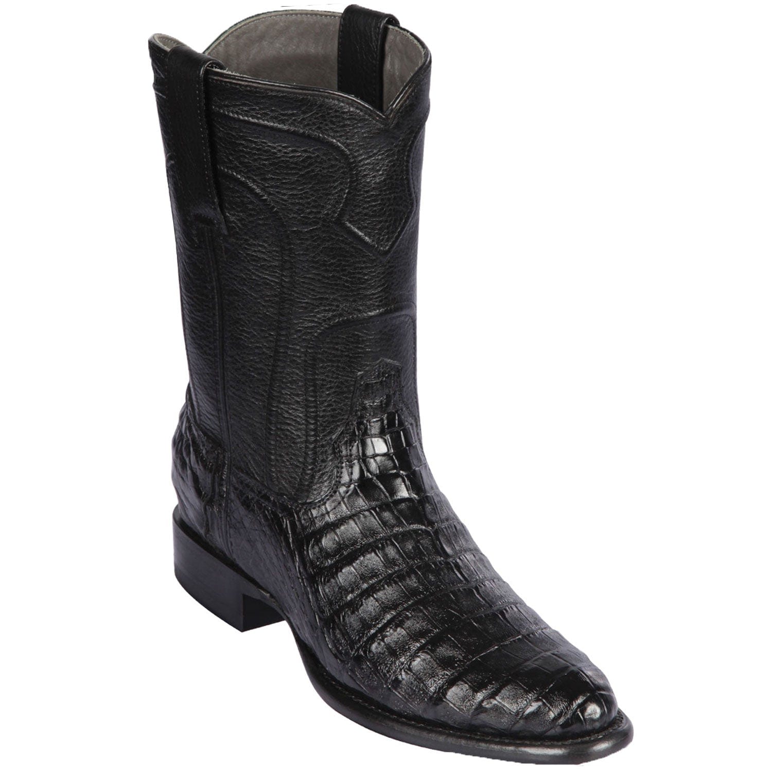 Western Genuine Caiman Belly Skin Roper Toe Boots Black Color - Los Altos Boots - Side View