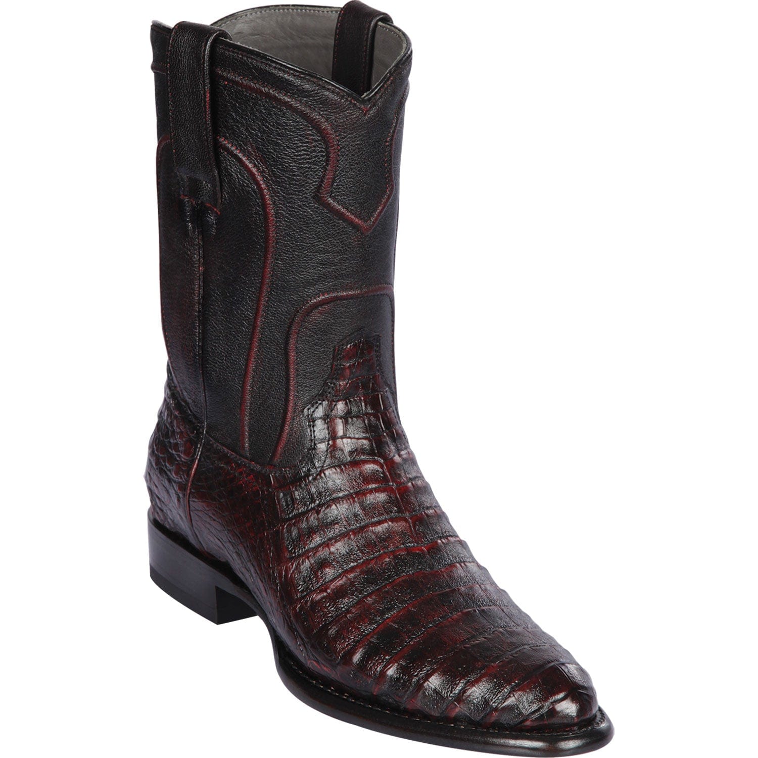 Western Genuine Caiman Belly Skin Roper Toe Boots Black Cherry Color - Los Altos Boots - Side View