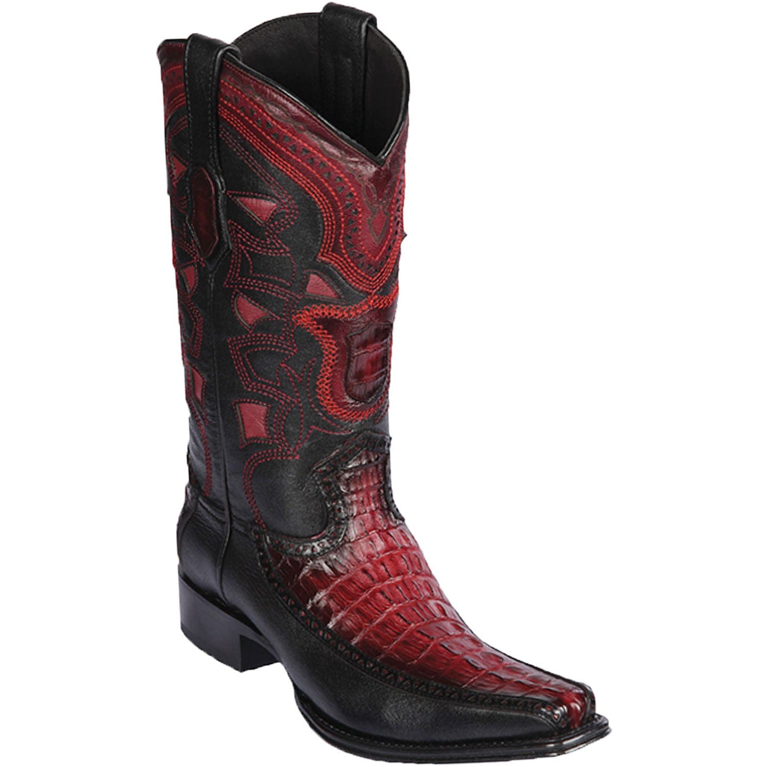 Men's Genuine Caiman Tail and Deer Skin European Square Toe Boots Faded Burgundy Color - Los Altos Boots - Side View