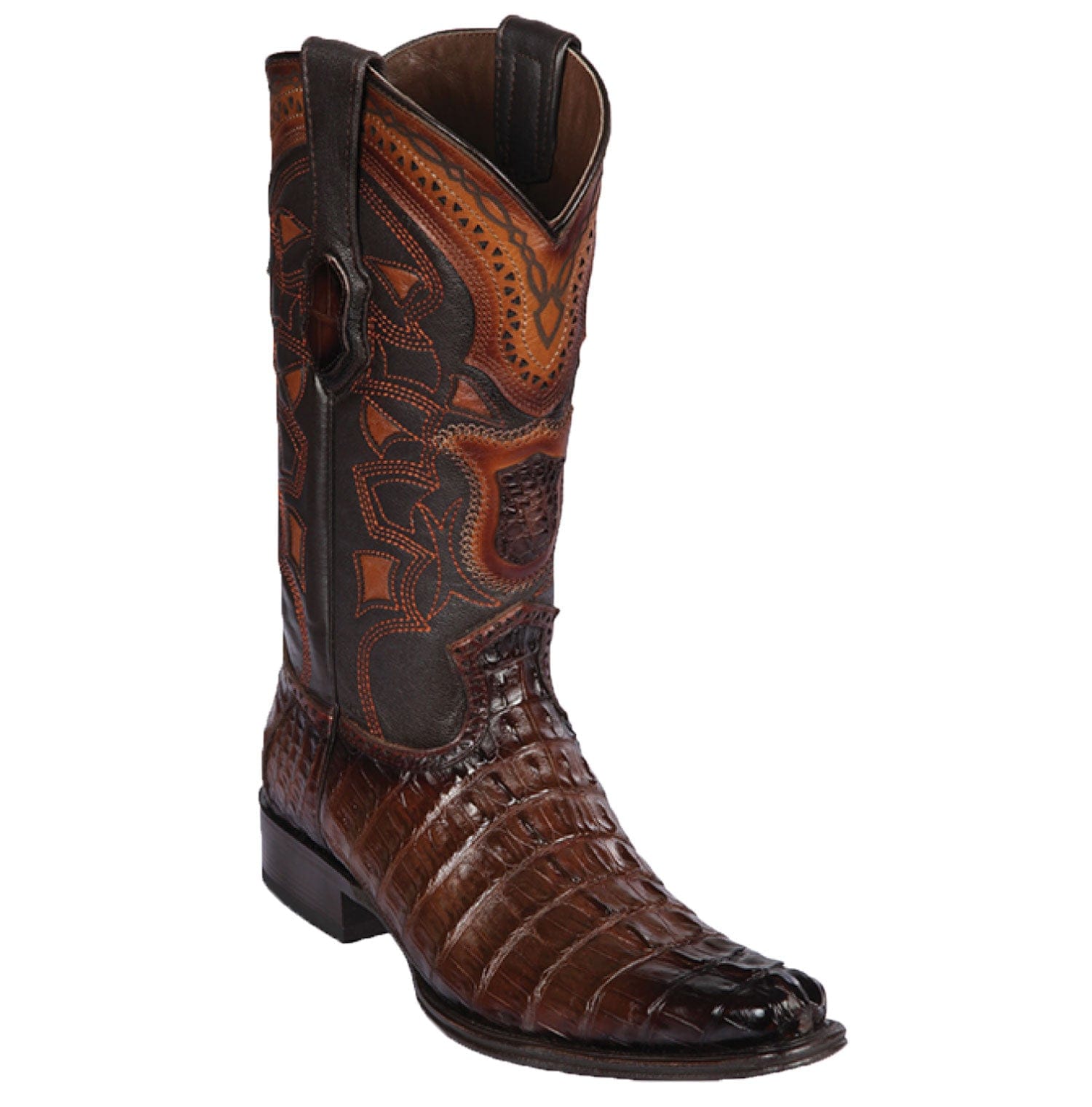 Western Genuine Caiman Tail Skin European Square Toe Boots Faded Brown Color - Los Altos Boots - Side View