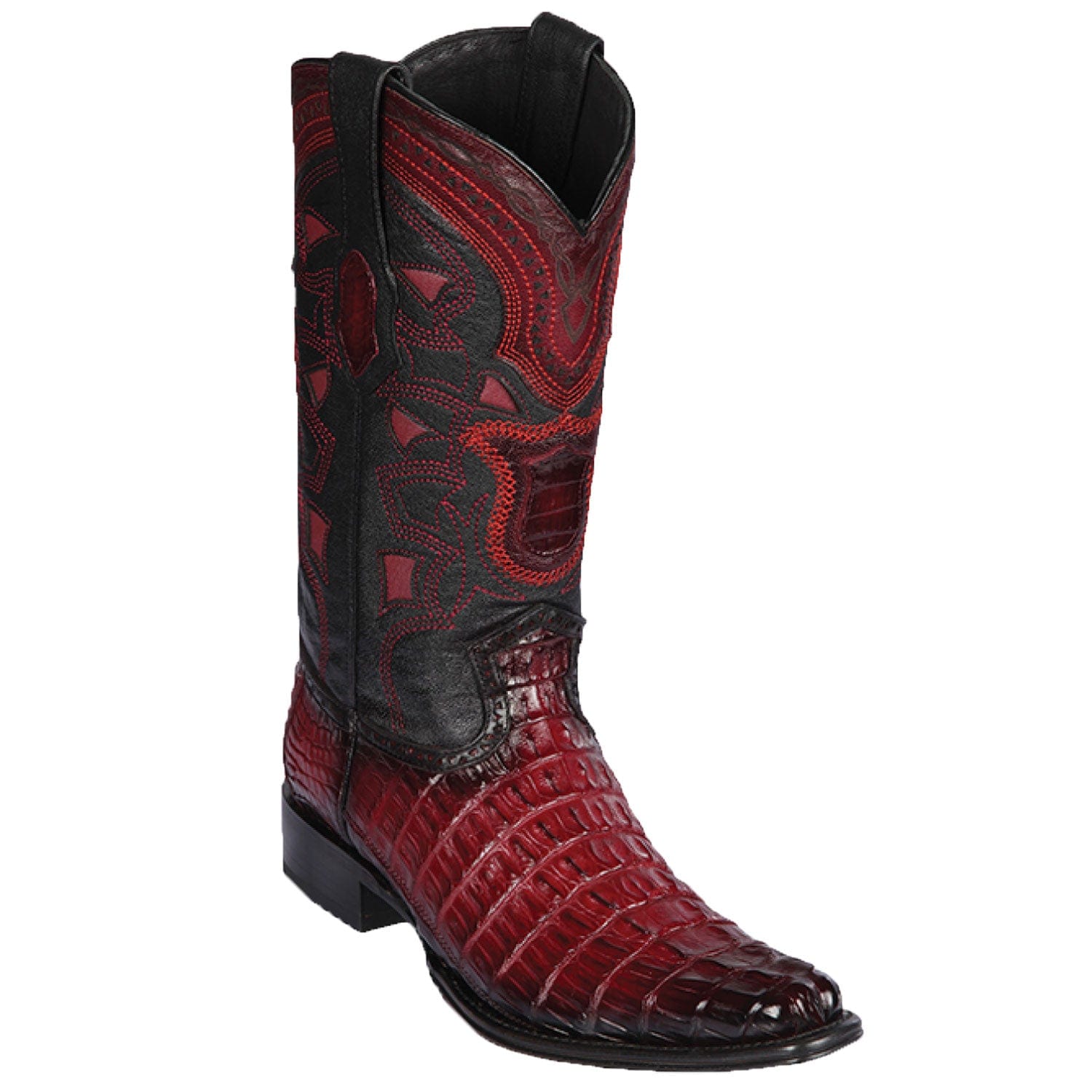 Western Genuine Caiman Tail Skin European Square Toe Boots Faded Burgundy Color - Los Altos Boots - Side View