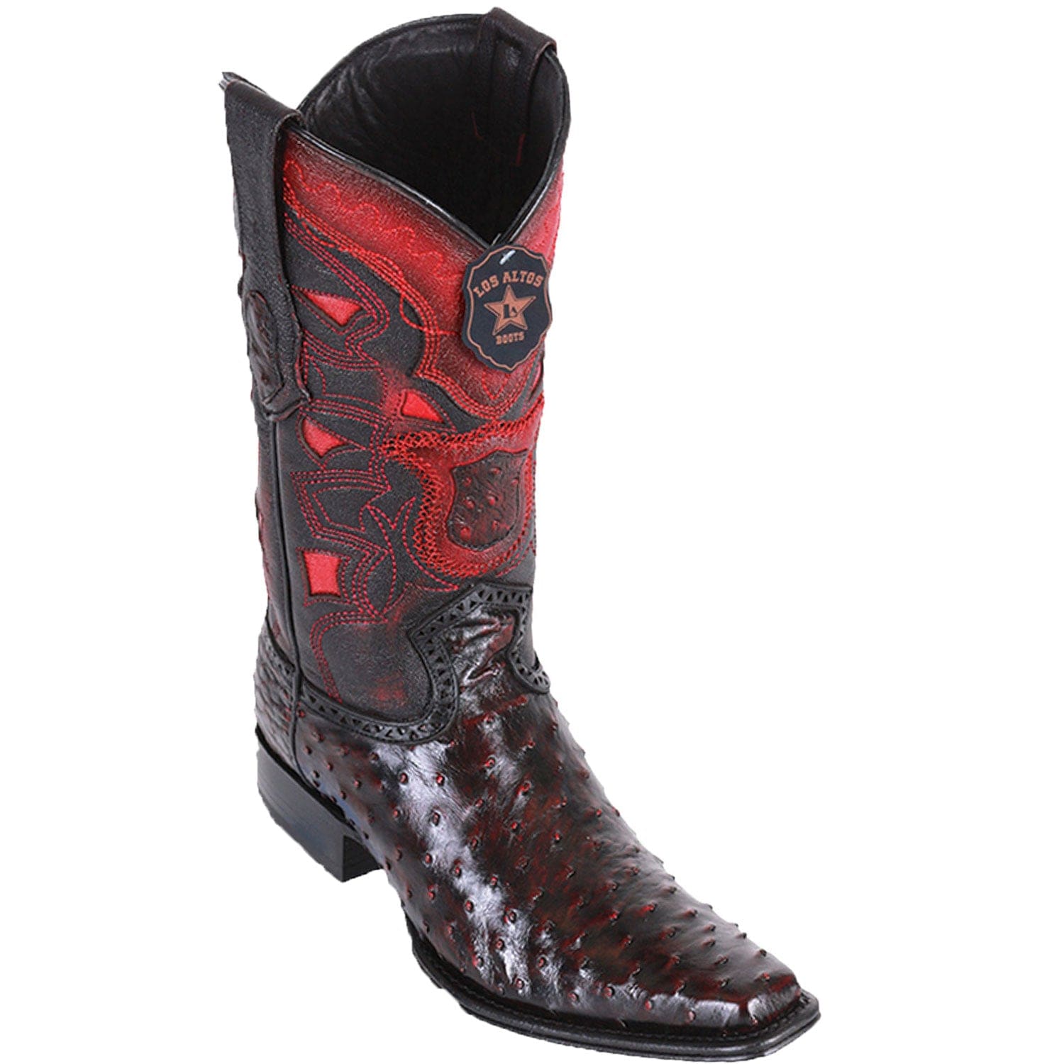 Western Genuine Ostrich Skin European Square Toe Boots Black Cherry Color - Los Altos Boots - Side View