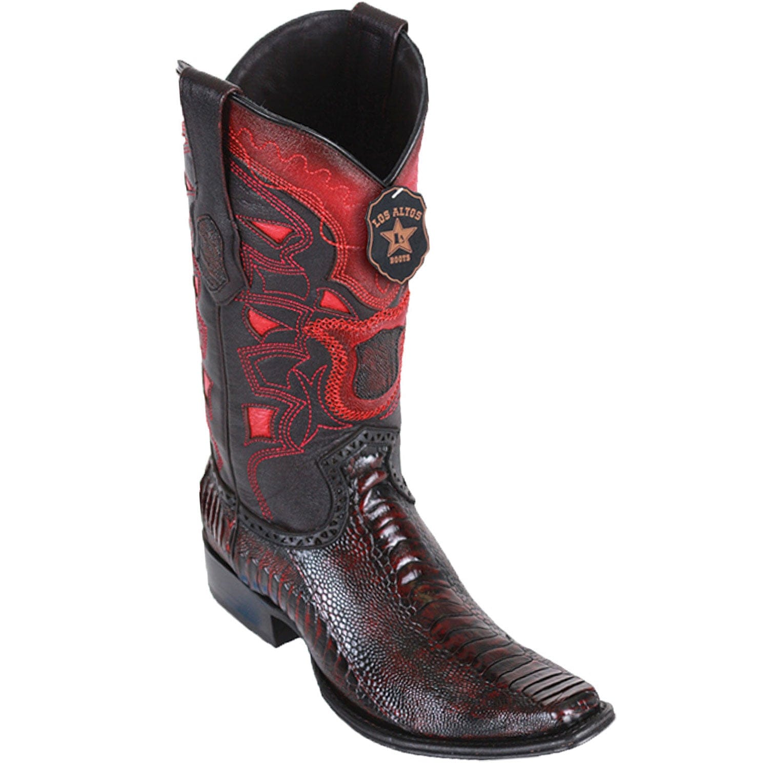 Western Genuine Ostrich Leg Skin European Square Toe Boots Black Cherry Color - Los Altos Boots - Side View