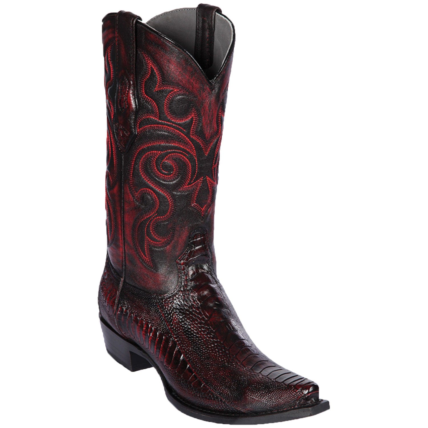 Western Genuine Ostrich Leg Skin Snip Toe Boots Black Cherry Color - Los Altos Boots - SIde View