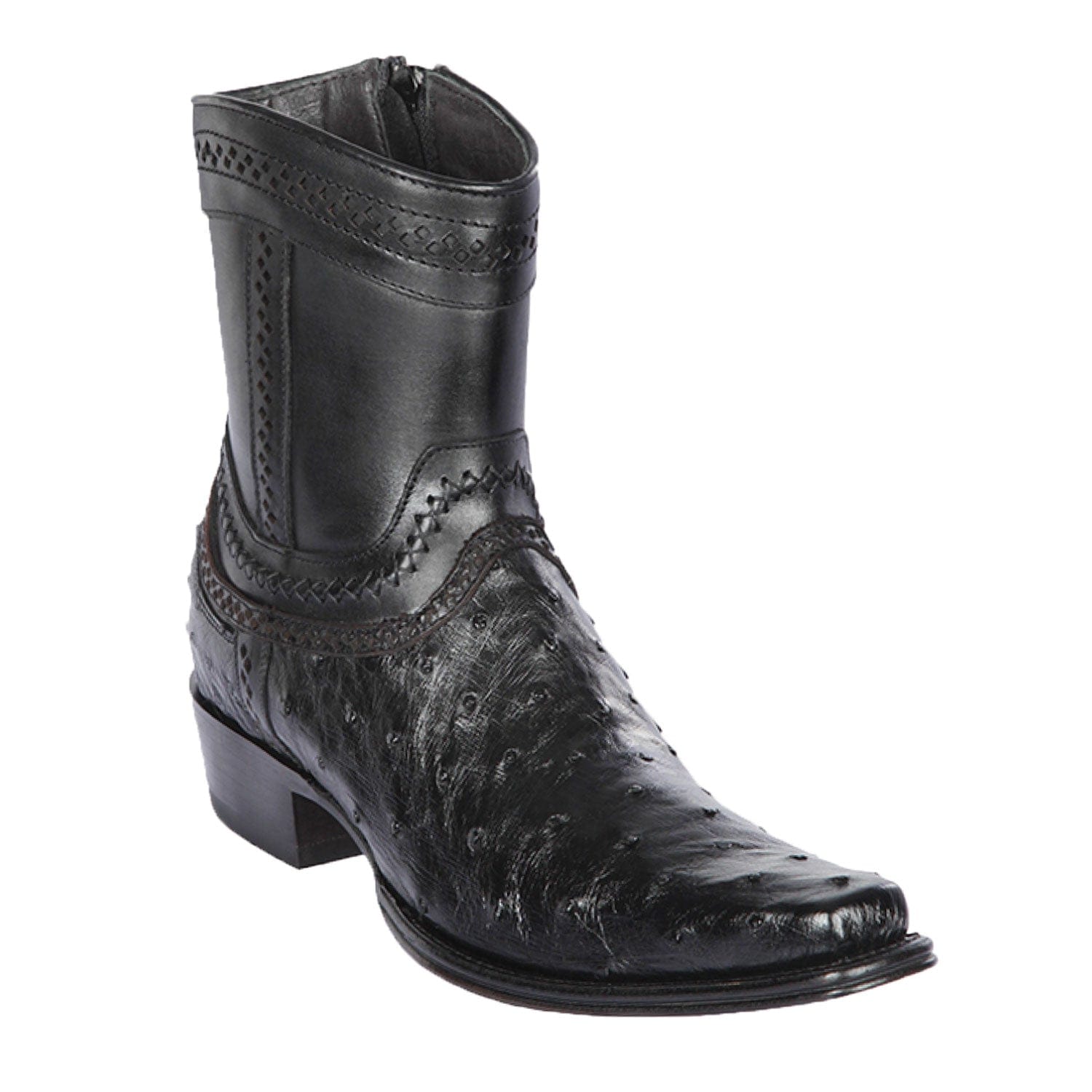 Men's Genuine Ostrich Skin European Square Toe Short Boots With Zipper Black Color - Los Altos Boots
