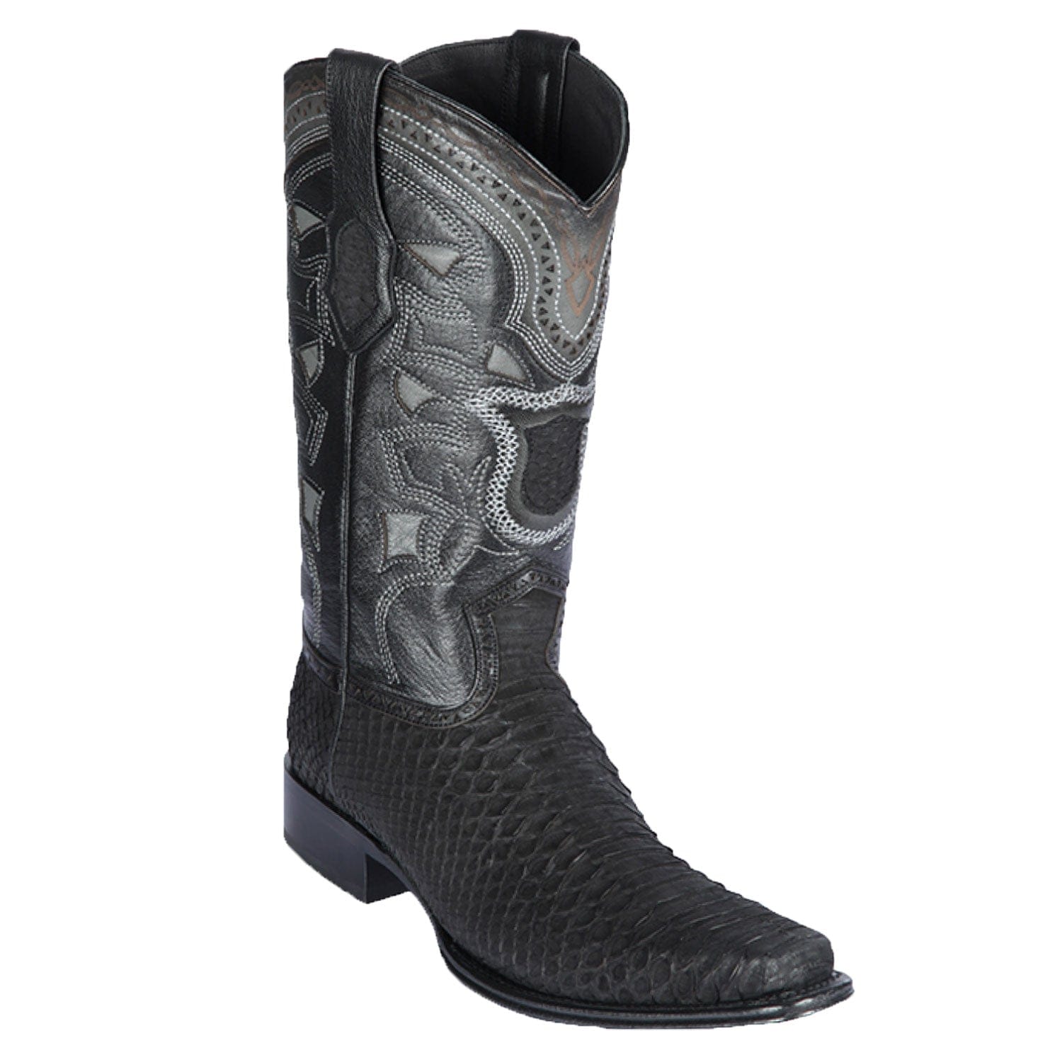 Western Genuine Python Skin European Square Toe Boots Nobuck Black Color - Los Altos Boots - Side View